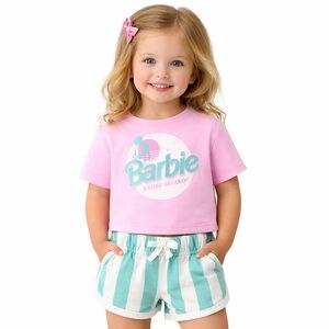 Barbie 2PC Outfit Set Toddler 2T Pink Malibu Dreamin Tee Striped Shorts NWT
